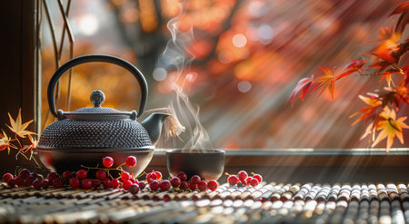 A tea pot and two cups are placed on a table, ready for a warm beverage to be served.の素材