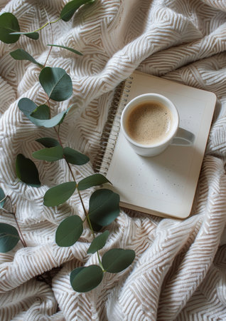 A cup of coffee placed on top of an open book, showing a cozy reading setup.の素材