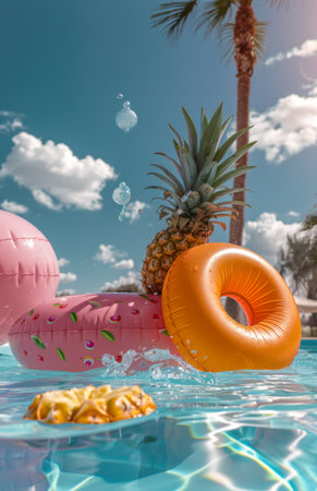 A collection of donuts, in various flavors and colors, floating in the water.の素材