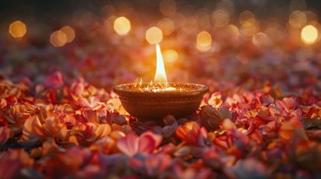 A small candle with a flame burning atop a lush field of colorful flowers.の素材