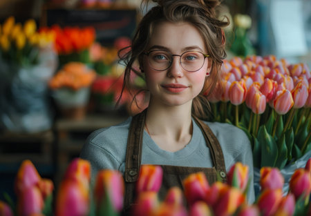 A woman is standing in front of a colorful bunch of flowers, looking at them attentively.の素材