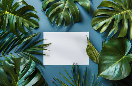 A blank paper placed amidst lush tropical leaves against a bright blue background.の素材