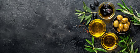 Fresh olives and a decanter of olive oil displayed on a sleek black surface.の素材