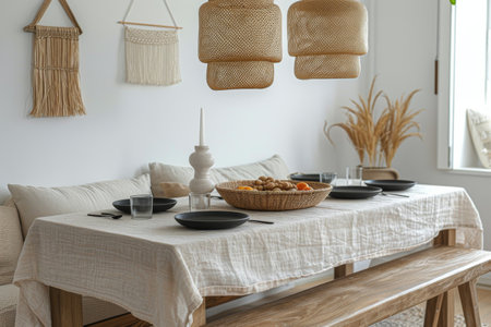 A table covered in a white tablecloth with baskets hanging from the ceiling above it.の素材