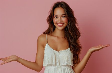 A woman wearing a white dress is posing and making a peace sign with her fingers.の素材