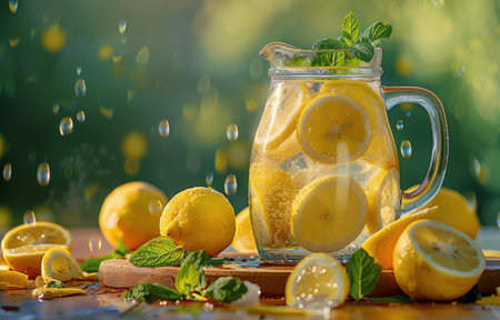 A pitcher filled with freshly squeezed lemonade, garnished with slices of lemons and sprigs of mint.の素材