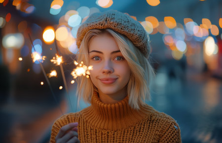 A woman holds a sparkler in her hand, illuminating the surrounding area with bright light.の素材