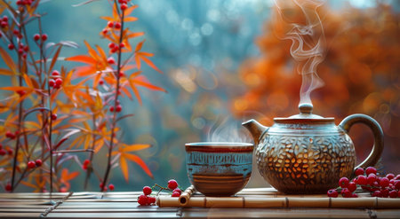 A tea pot and a cup placed on a wooden table.の素材