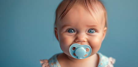 A baby sucking on a pacifier.の素材