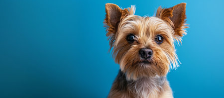 A small brown dog with long hair standing on a blue background.の素材