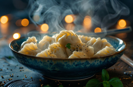 A bowl of pasta emitting a lot of steam, indicating it is freshly cooked and hot.の素材