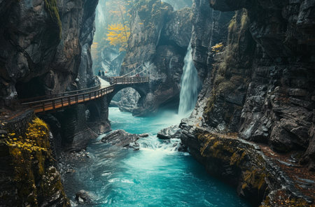 A bridge spans over a river with a dramatic waterfall cascading in the background, creating a scenic view.の素材