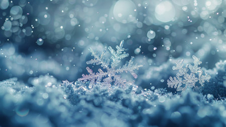 Detailed view of a single snowflake on a vibrant blue backdrop, showing intricate patterns and crystalline structure.の素材