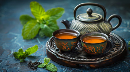 A tea pot pouring green tea into four cups arranged on a table.の素材