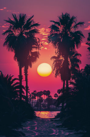 The sun setting over a body of water, casting a warm glow on palm trees lining the shore.の素材