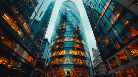 Several tall buildings standing closely together in an urban setting, showing modern architecture and city development.の素材