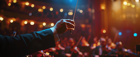 A conductor stands in front of an orchestra, holding a baton and directing the musicians during a performance.の素材