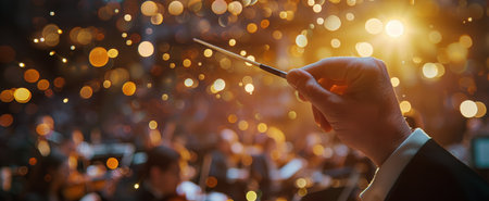 A conductor stands in front of an orchestra, holding a baton and directing the musicians during a performance.の素材