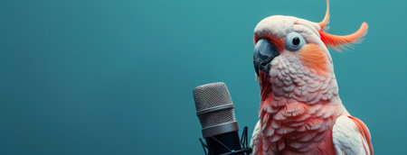 A colorful parrot stands next to a microphone against a plain blue background.の素材