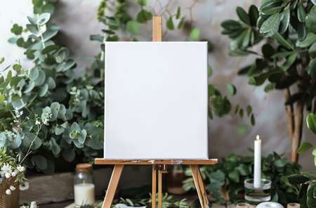 A white easel stands amidst lush green plants and flickering candles.の素材