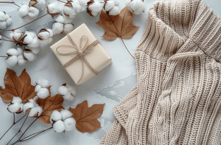 A wrapped present sits on top of a table next to cotton.の素材