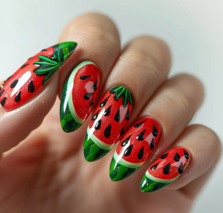 A womans hand adorned with a watermelon-themed manicure, showing vibrant green, red, and black colors.の素材