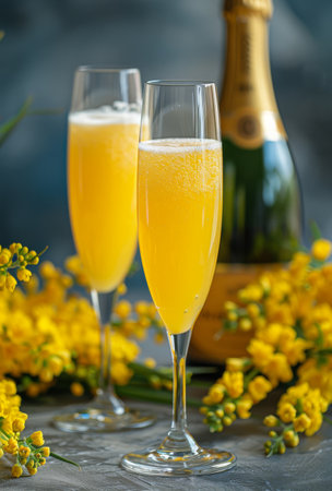 Two elegant glasses of champagne and a bottle of champagne on a table.の素材