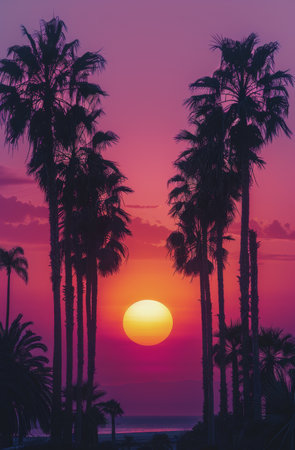 The sun setting over a body of water, casting a warm glow on palm trees lining the shore.の素材