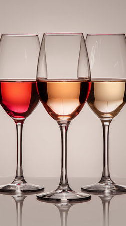 Three wine glasses filled with distinct colored liquids standing side by side on a table.の素材