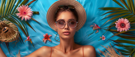 A woman with sunglasses and a hat standing amidst a vibrant display of flowers in bloom.の素材