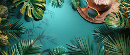 A hat, sunglasses, and palm leaves on a vibrant blue background, creating a tropical and summery vibe.の素材