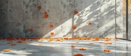 A room overflowing with orange leaves covering every inch of the floor, creating a vibrant and autumnal scene.の素材