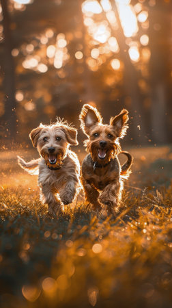 Two small dogs, one white and one brown, running energetically in a lush green grassy field on a sunny day.の素材