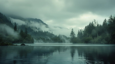 A vast body of water encircled by a dense forest of trees, creating a serene and natural landscape.の素材