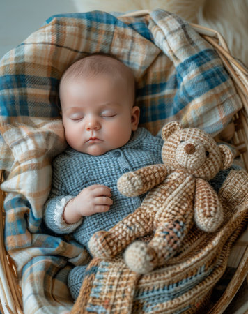 A baby sleeps peacefully in a basket, cuddled up next to a bear, surrounded by a cozy blanket.の素材