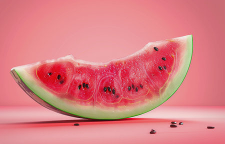 Fresh slices of watermelon arranged on a vibrant pink background, showing the juicy red flesh of the fruit.の素材