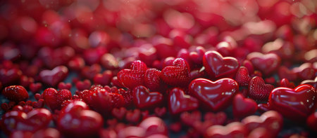 A collection of red hearts arranged neatly on top of a wooden table.の素材