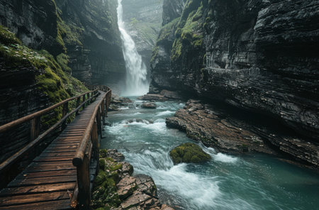A sturdy wooden bridge spans across a river next to a rushing waterfall, providing a scenic pathway for exploration and enjoyment.の素材
