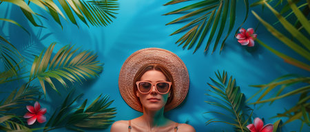 A woman with sunglasses and a hat standing amidst a vibrant display of flowers in bloom.の素材