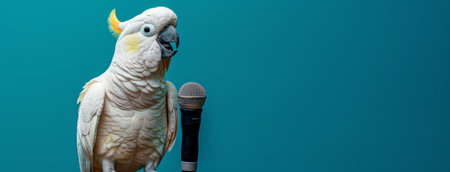 A colorful parrot stands next to a microphone against a plain blue background.の素材