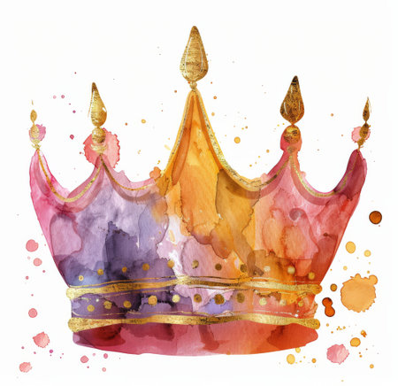 A detailed watercolor painting of a crown, depicted on a plain white background. The crown is intricately designed and stands out vividly.の素材