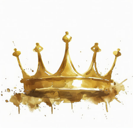 A watercolor painting featuring a detailed depiction of a regal golden crown against a vibrant background.の素材