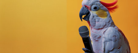 A white parrot is standing next to a microphone, possibly mimicking sounds or engaging in a performance.の素材