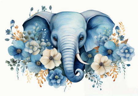 A painting depicting an elephant standing amidst a variety of colorful flowers.の素材