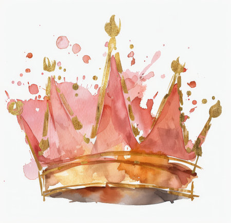 A detailed watercolor painting of a crown, depicted on a plain white background. The crown is intricately designed and stands out vividly.の素材