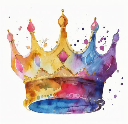 A detailed watercolor painting of a crown, depicted on a plain white background. The crown is intricately designed and stands out vividly.の素材