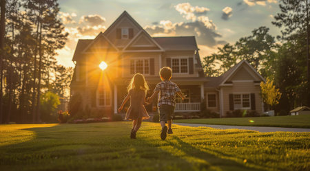 Two children joyfully run across a vast, green field under the clear blue sky.の素材