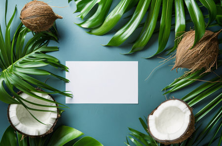 A blank paper is placed in the center, surrounded by coconuts and various types of leaves.の素材
