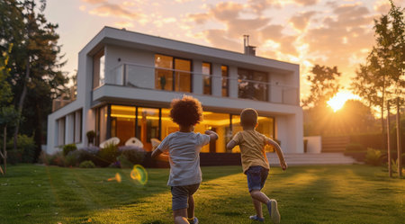 Two young children are standing outside a suburban house, looking at the camera.の素材