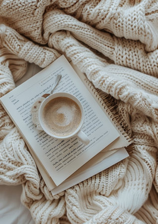 A cup of coffee and a book placed on a blanket outdoors.の素材